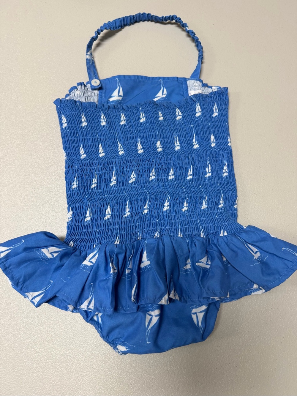 Rachel Riley 7Y Blue Sailboat Ruffle Bubble Swimsuit - Picture 4 of 7